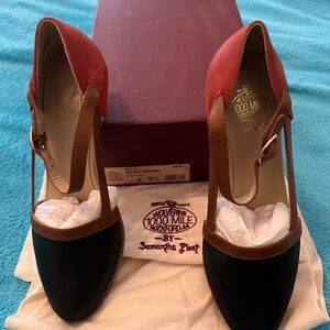 Samantha Pleet Tri-Color T-Strap Heels in Blue, Red and Brown